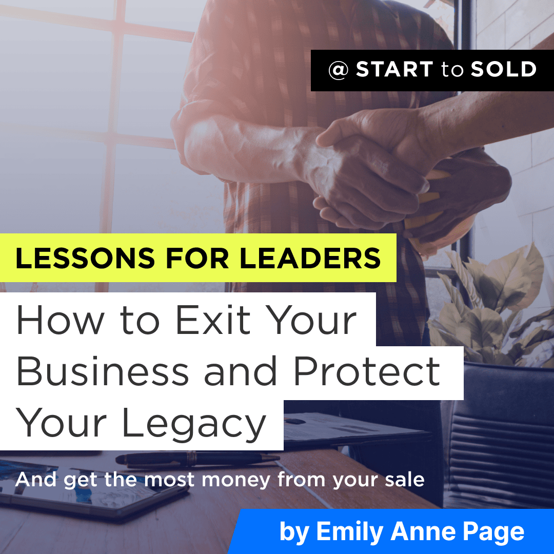 Business professionals shaking hands over a conference table, with text promoting Emily Anne Page’s article, “How to Exit Your Business and Protect Your Legacy.”